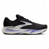 Black running shoe with white sole on a white background