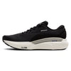 Black running shoe with white sole on a white background